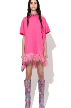 Marques ' Almeida BRIGHT PINK FEATHER HEM T-SHIRT DRESS-Women Tops|Dresses