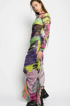 Marques ' Almeida GRAFFITI PRINT LONG GATHERED MESH DRESS-Women Dresses|Dresses