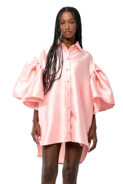Marques ' Almeida LIGHT PINK MIKADO OVERSIZED SHIRT WITH PLEATED SLEEVES-Women Tops