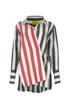 Marques ' Almeida MIXED STRIPES LINEN WRAP SHIRT-Women Tops|Tops