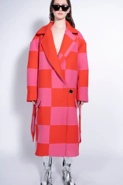 Marques ' Almeida PINK AND RED CHECKED LONG COAT-Women Outerwear