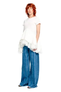 Marques ' Almeida CAP SLEEVE T-SHIRT WITH FRILL AND LACE HEM-Women Tops