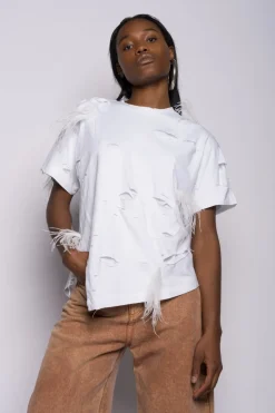 Marques ' Almeida LINED DISTRESSED T-SHIRT WITH FEATHERS-Women Tops|Tops