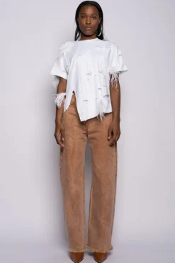 Marques ' Almeida LINED DISTRESSED T-SHIRT WITH FEATHERS-Women Tops|Tops